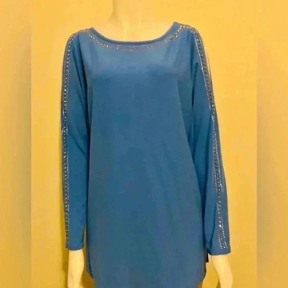 Belle Tops - Belle women’s size S vibrant sea blue & silver top, sparkly neckline & sleeves